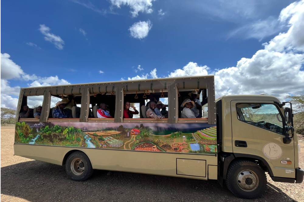 Bus with people on it.